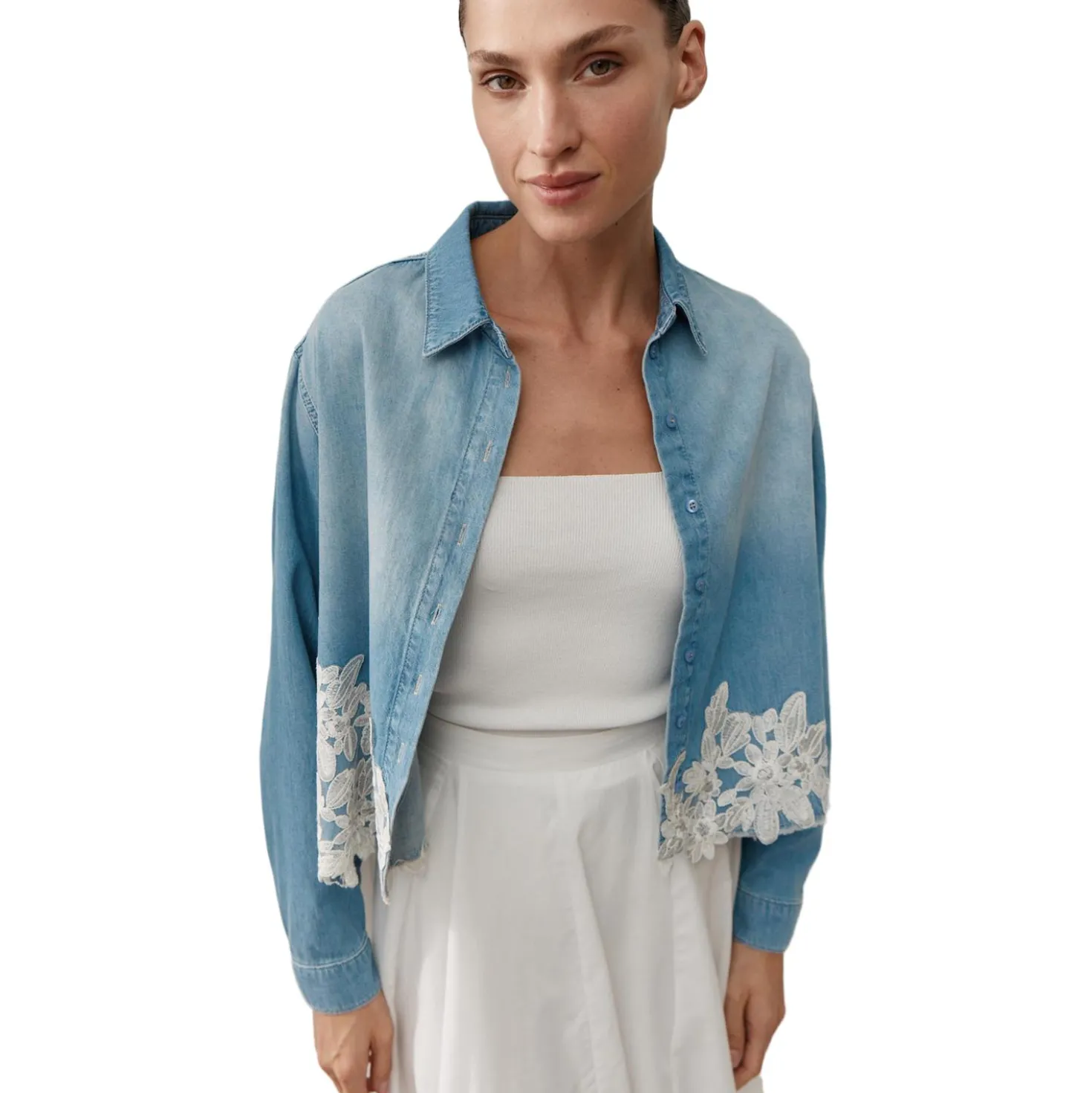 Jeanshemd mit spitzenbesatz